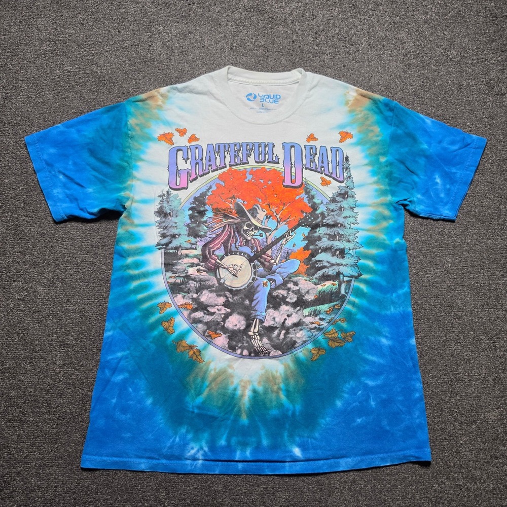 Vintage Liquid Blue Grateful Dead T-Shirt Blue Mens Large Tie Dye Banjo Skeleton